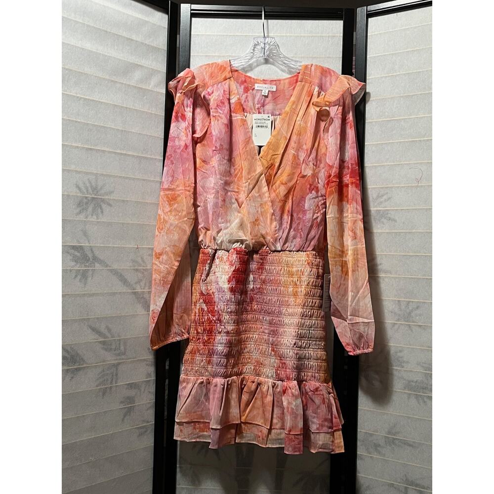 NWT Socialite Shimmer Smocked Floral Long-Sleeve Minidress XL | Wedding, Party‎